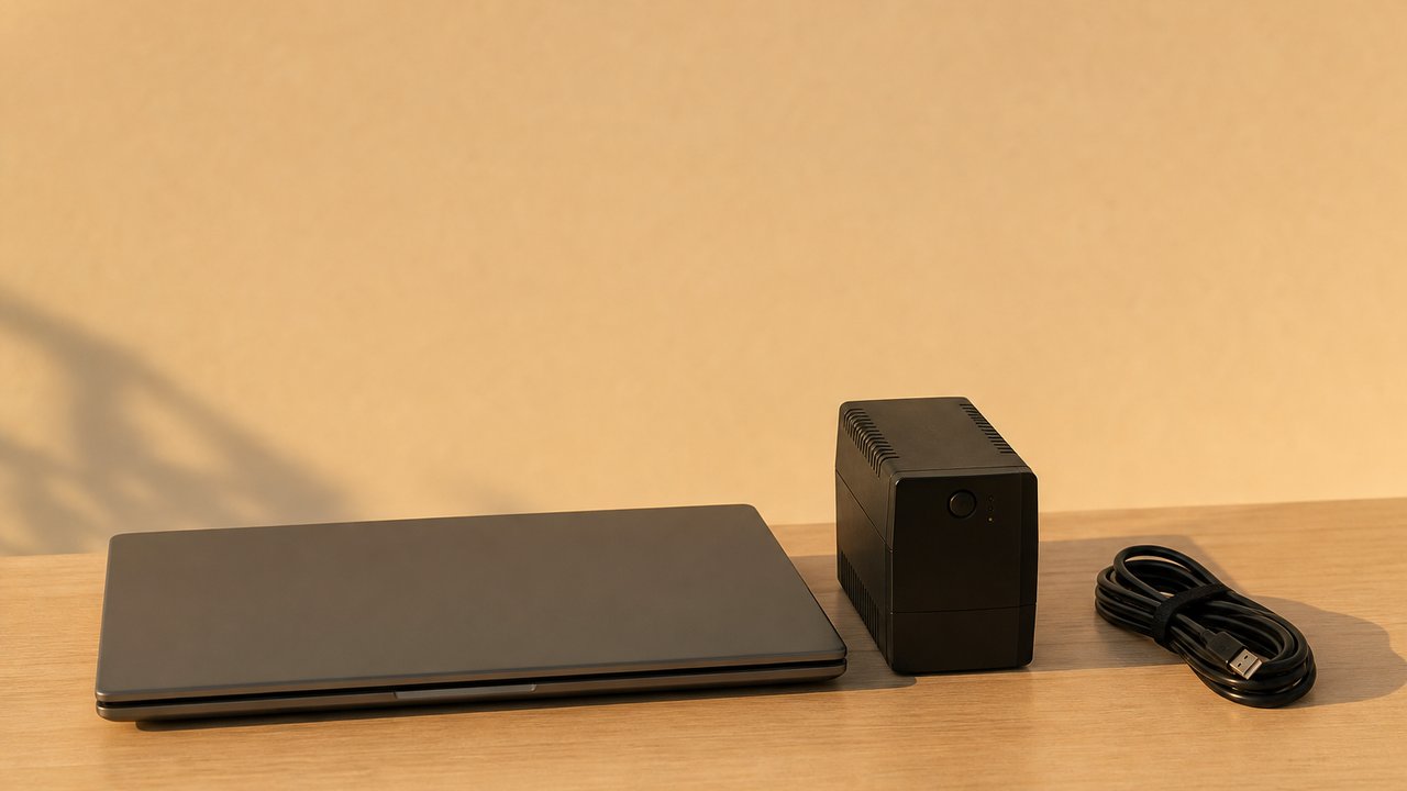 Notebook fechado ao lado de um pequeno nobreak e de um cabo USB enrolado sobre uma mesa clara de madeira